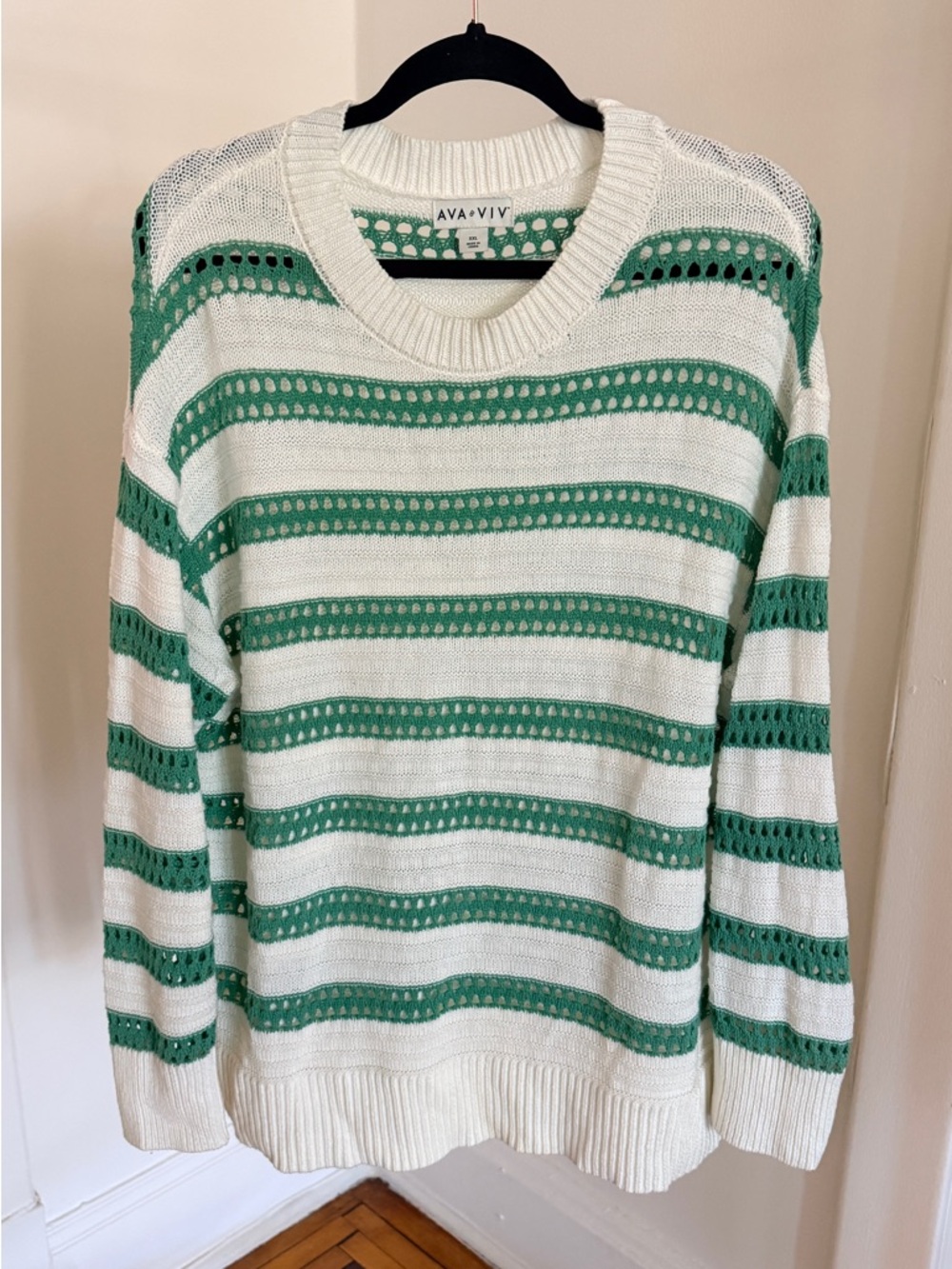 Ava & Viv Cream sweater with Green open-knit stripes